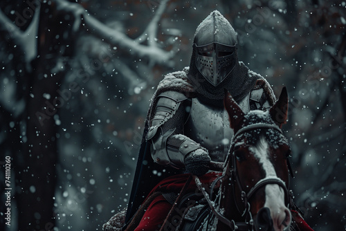 Medieval Knight on a Horse Outside in Snow