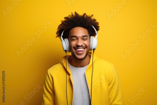 Modern student listening to online lesson using headphones. Yellow