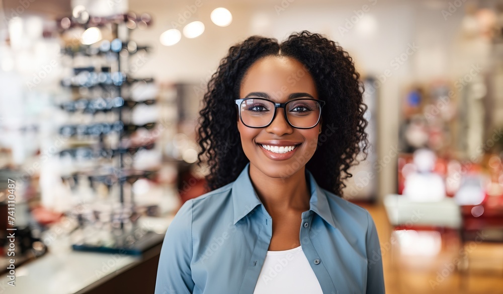 AfricanAmerican woman is seen in an optical store trying on eyeglasses