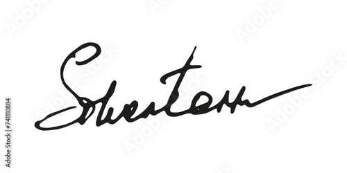 Fake signature hand drawn sample own autograph. Fictitious handwritten signature. Black ink. Scribble for sample contracts documents certificates or letters. Vector illustration.