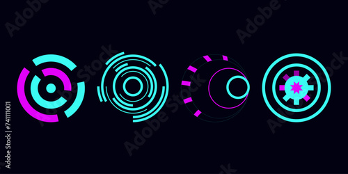 Tech template in cyberpunk style geometric shape. Graphic circles. Design social networks mobile application banners poster postcard presentation and advertisement. Vector illustration.