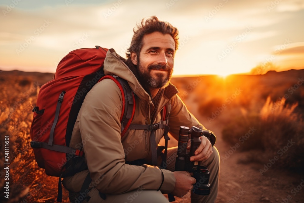 Obraz premium travel photographer With camera at sunset