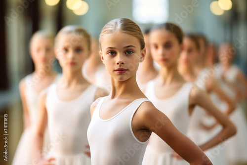 Group of young ballet dancers in classical ballet dance class looking at camera