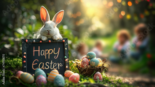 A white Easter bunny is in a natural setting, surrounded by Easter eggs and holding a black chalkboard that wishes ‘Happy Easter’, With with blurred children in the background. photo