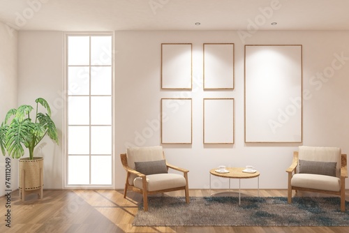 Scandinavian of interior library  with frame mock up on the wall. Design 3d rendering of white and wood. Design print for illustration, presentation, mock up, interior, zoom, background. Set 14