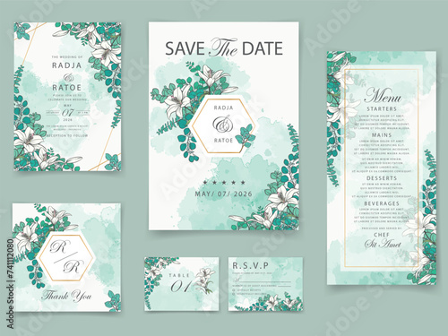 minimalist floral line art wedding invitation card template