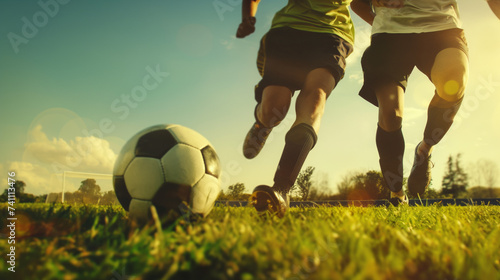 Two People Kicking a Soccer Ball on a Field