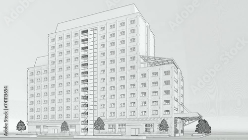 Digital Twin (BIM) of a multi-family residential building, schematic representation of the Architectural discipline. photo