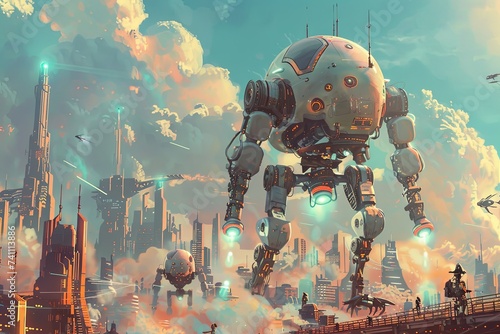 A giant robot stands atop a futuristic city, dominating the skyline with its massive presence, showcasing the integration of advanced technology and urban landscape. photo
