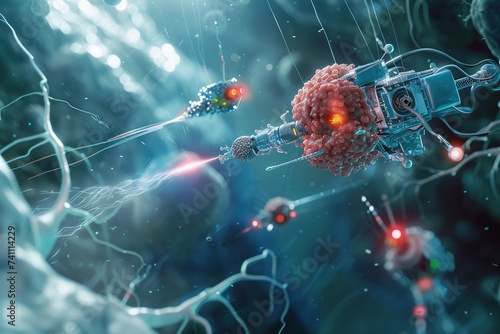 The concept of nanobot technology, tiny robots sent to eliminate viruses. Or cancer cells in a person's body. Futuristic 3D rendering. photo