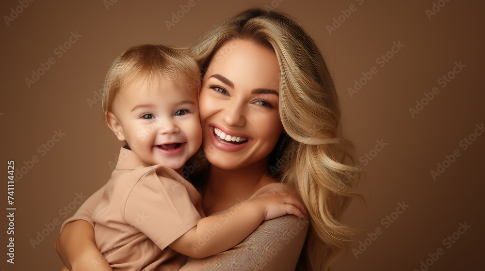 beautiful young blonde mother hugging a small smiling baby on a beige background, studio, portrait, children, woman, child, toddler, kid, place for text, parent, family, mother's day beautiful young blonde mother hugging a small smiling baby on a beige background, studio, portrait, children, woman, child, toddler, kid, place for text, parent, family, mother's day