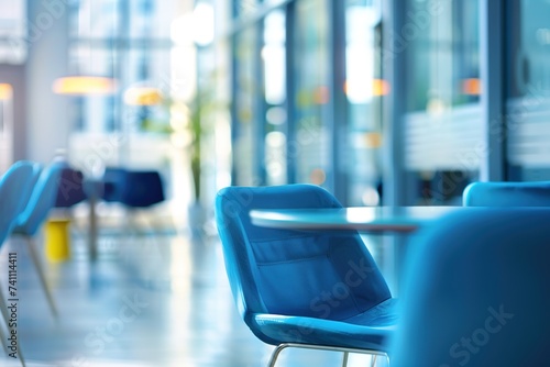 Contemporary office interior  blurred background  blue tones