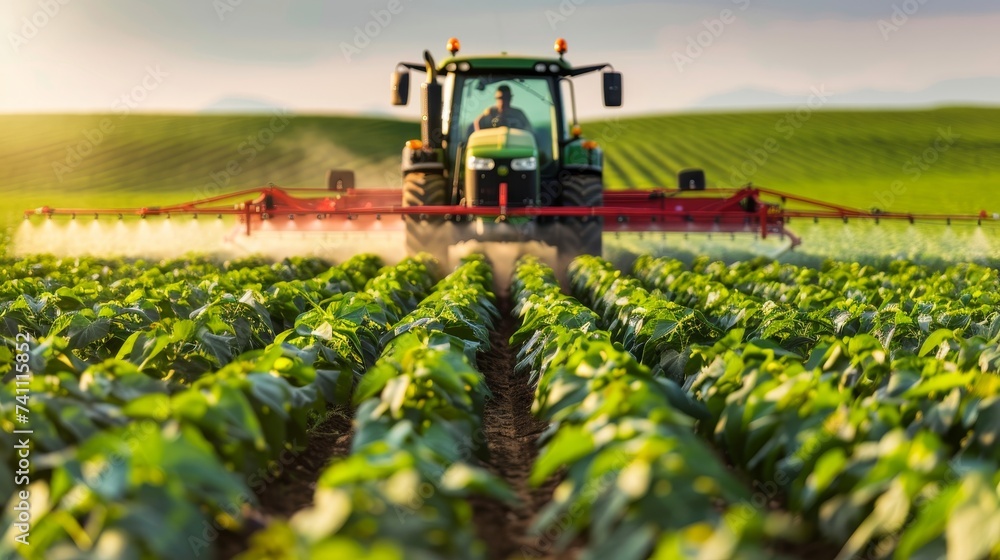 Agricultural tractor spraying pesticides on a lush soybean field during the farming season Agricultural tractor spraying pesticides on a lush soybean field during the farming season