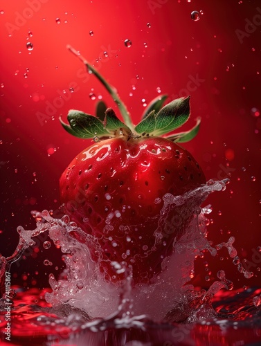 Fresh strawberry fruit in a splash of water.