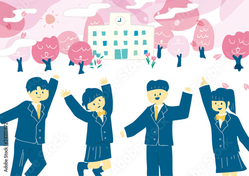 さくら舞う春の学生たち