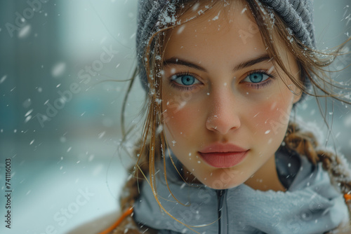 A girl with big lips, blue eyes and two pigtails from under a gray hat looks straight into the snowy weather