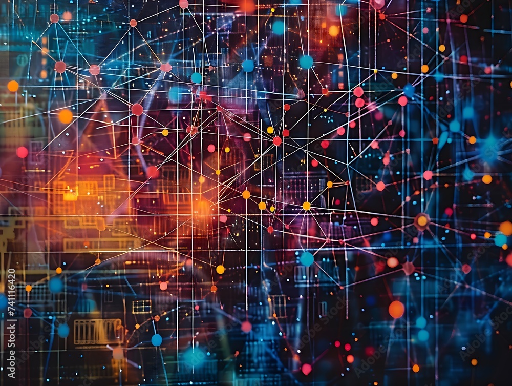 Fototapeta premium Digital network circuit map with glowing neon nodes and data connections on dark background