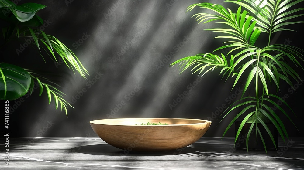 3d render mockup podium stand table shelf. Black white abstract background. Palm tree leaf shadow. Nature. Dark gray. Design beauty product cosmetics. Wall stage room studio. Design concept. Creative