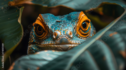 A striking reptile with vivid orange eyes camouflaged amongst lush green leaves, showcasing nature's artistry and the reptile's adaptive abilities. ai © somchairakin