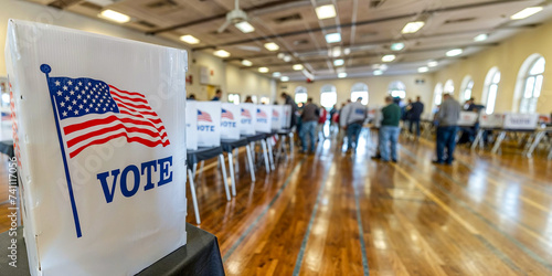 Voting booths at a polling station, USA Election Day, wide, copyspace, blurred background