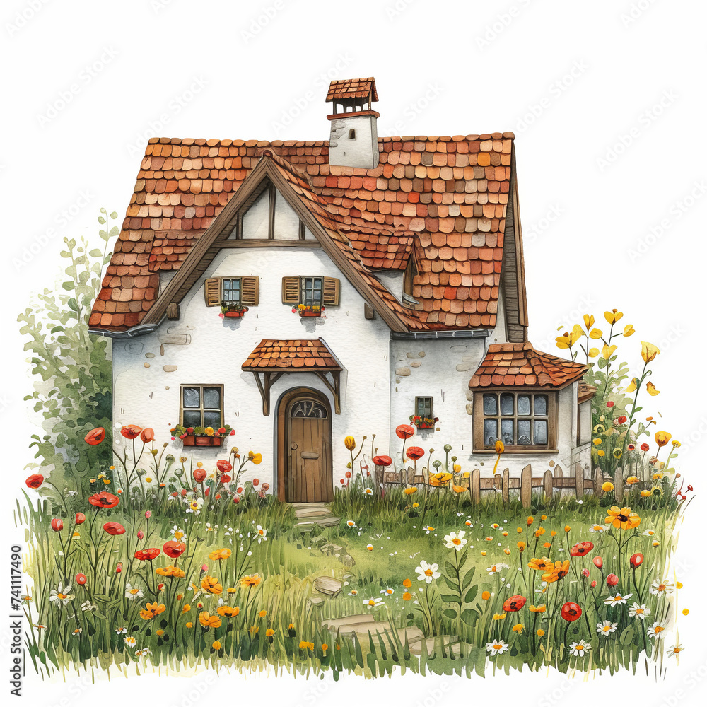 Watercolor cute house on white background.