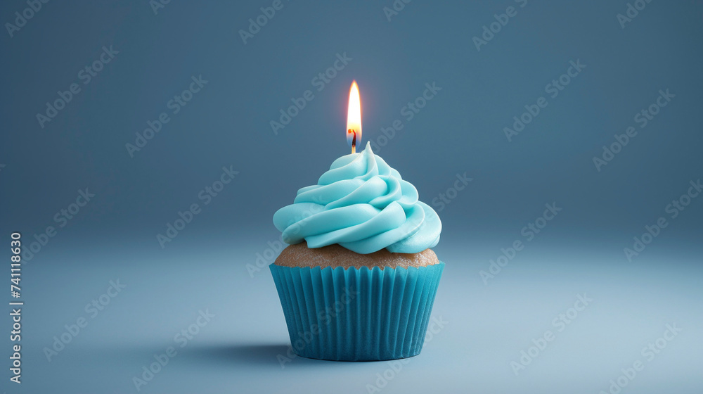 Blue Cascade: Cupcake Delight with Lit Candle, Generative AI