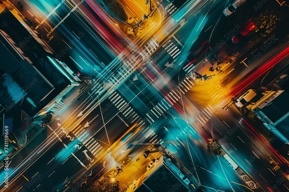 Obraz premium Aerial View of City Street at Night