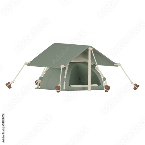3D render, Green camping tent and flysheet on Transparent background