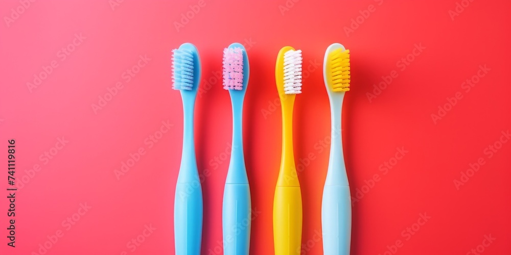 Colorful Toothbrushes Lined Up on Red Background. Four vibrant toothbrushes in a row on a striking red background, representing dental hygiene and family care. Colorful Toothbrushes Lined Up on Red Background. Four vibrant toothbrushes in a row on a striking red background, representing dental hygiene and family care.