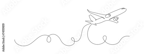 One continuous line drawing of Airplane path. Business concept of world travel and international flight airline in simple linear style. Air plane in Editable stroke. Hand drawn vector illustration