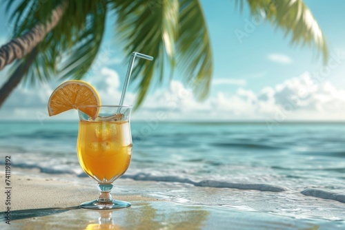A chilled orange cocktail with an orange slice on the rim, standing on the sand on a tropical beach with palm leaves and ocean background.