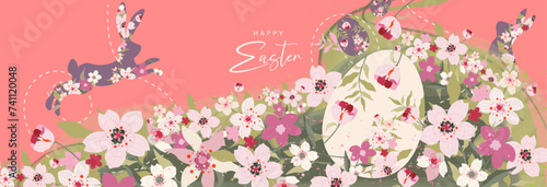 Happy Easter greeting card with easter rabbit, eggs, roses, leaves, floral bouquets, spring flowers compositions. Trendy posters, web banners or covers for Happy Easter. Background with pastel colors