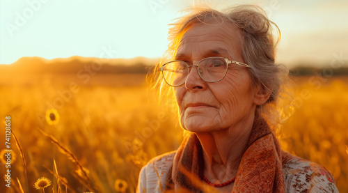 older woman wearing glasses standing in a field on sunset