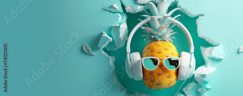 Summer fruit composition, pineapple with headphones and sunglasses on a pastel turquoise background. Party, fresh summer fruits, music, summer vibes. photo