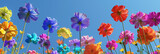 Floral spring wallpaper with colorful flowers and a bright blue sunny sky in the background. The concept of spring, nature, beauty.