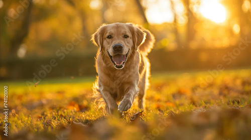 A happy Golden Retriever running towards the camera in a sunlit park. 
