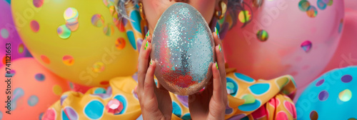 A retro disco girl is holding a silver sparkly Easter egg.