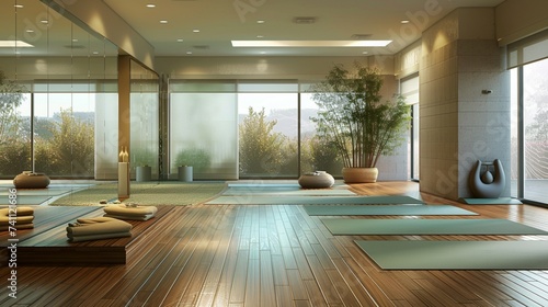 yoga studio with bamboo flooring  floor-to-ceiling mirrors  and a calming color scheme for relaxation