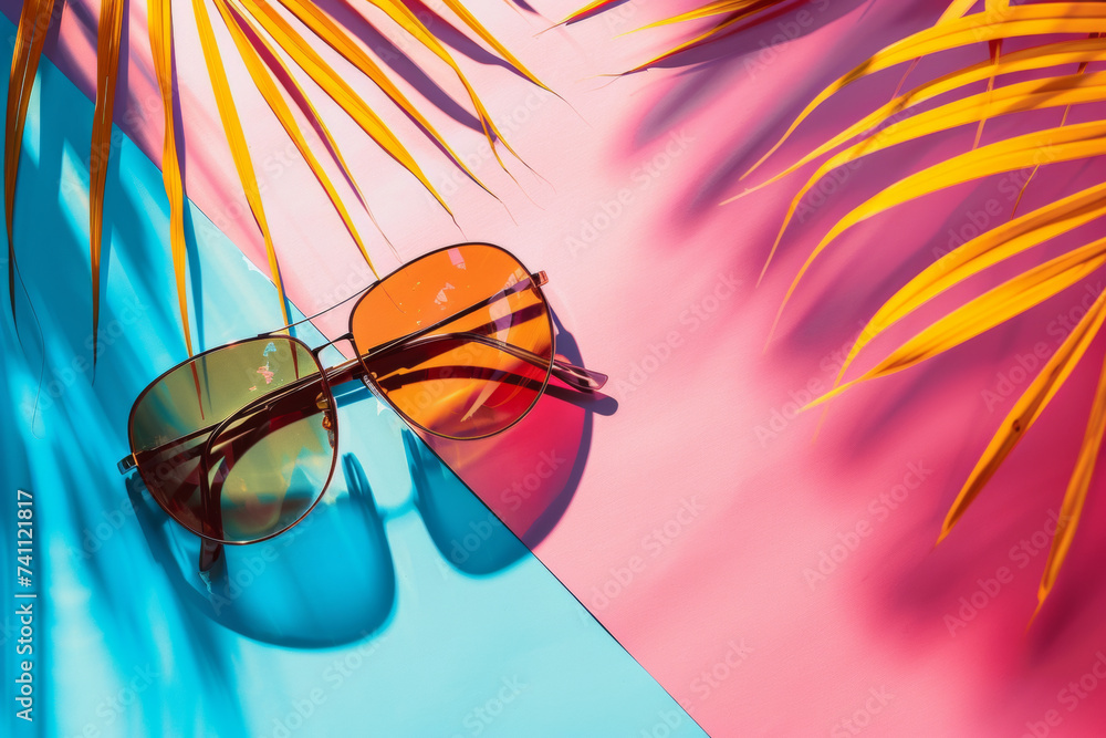 Minimal summer scene with sunglasses, palm leaf shadow illuminated by neon lights. Minimal summer scene with sunglasses, palm leaf shadow illuminated by neon lights.