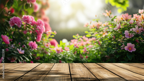 Spring summer soft background with flowers and wooden table for product presentation © stock_acc