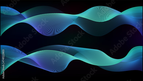 Neon light ai wavy line blue background. Digital vector data stream or network connect effect. Abstract blend gradient for neural tech web. Aurora spectrum night mesh flow.