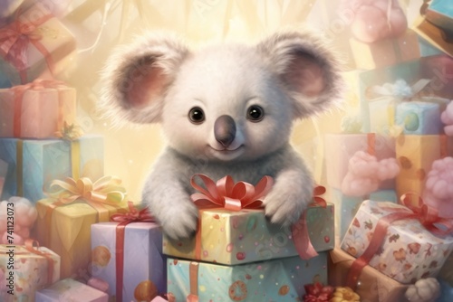 a cute koala nestled among plush toys and wrapped gifts