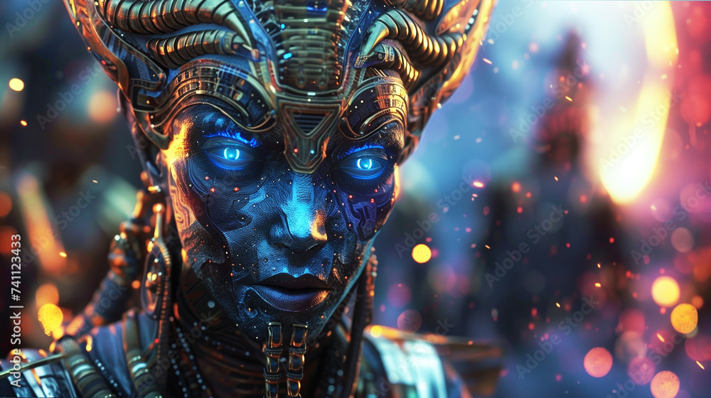 Fototapeta premium Vibrant Alien Cyborg: Fusion of Futuristic Tech and Cosmic Life