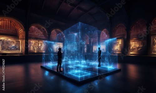 In a futuristic museum, holograms vividly depict the history of the country, showcasing its evolution and the profound changes it has undergone over time.Generated image photo