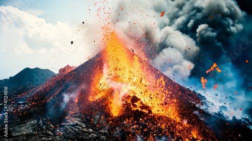 A dramatic scene of a volcano in mid-eruption, spewing molten lava and plumes of smoke against a cloudy sky.