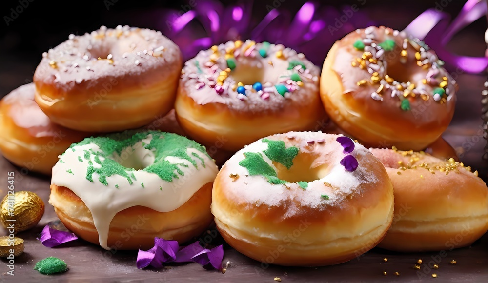 Generative AI Stack of assorted donuts on colorful background. Color glazed donut with sprinkles. Copy space. Glazed donuts on wooden background

