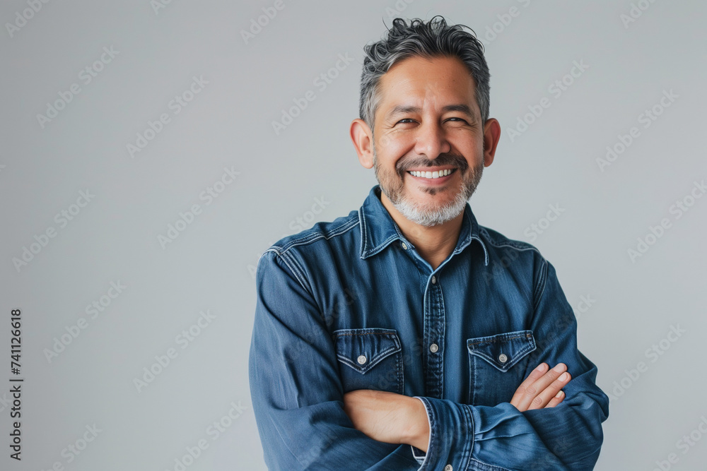 Engaging and Experienced Professional Man Smiling with Confident Demeanor in Casual Denim Engaging and Experienced Professional Man Smiling with Confident Demeanor in Casual Denim