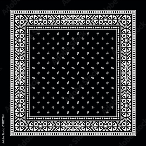 Simple Black Bandana decorated with white geometric ornament that can be applied to fabrics of various colors (ID: 741127881)