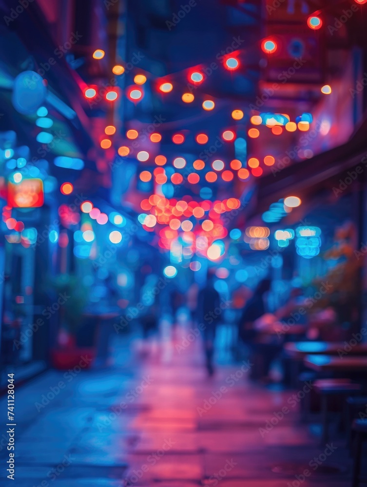 A blurry image of a street with neon lights. Generative AI.