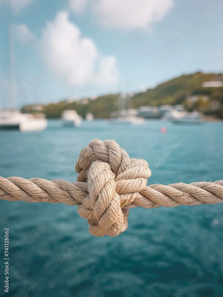 A rope tied to a boat in the ocean. Generative AI.